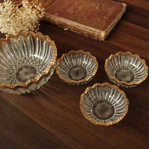 Vintage 1940s Cut Glass Fruit Bowl and Three Berry Bowls, Gold Rim